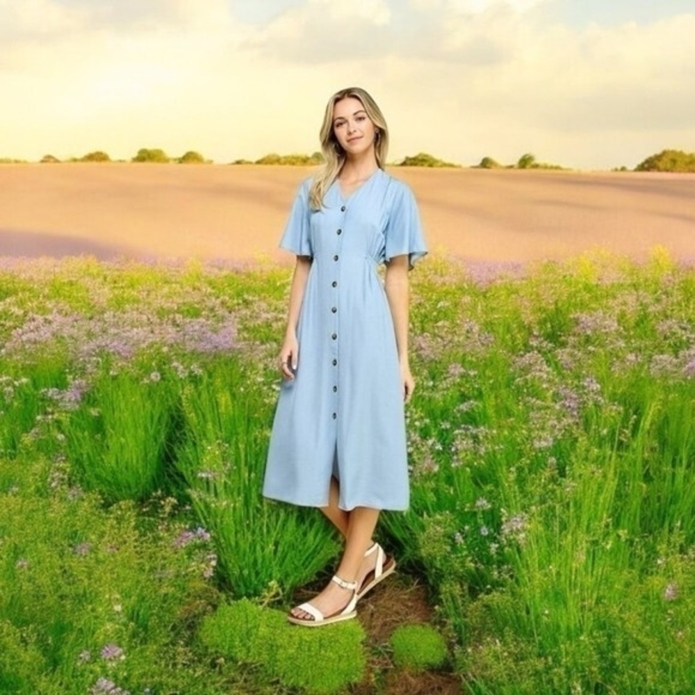 ZARA Denim Blue Button Down Dress S Midi Chambray Bell Sleeve Smocked Very Good